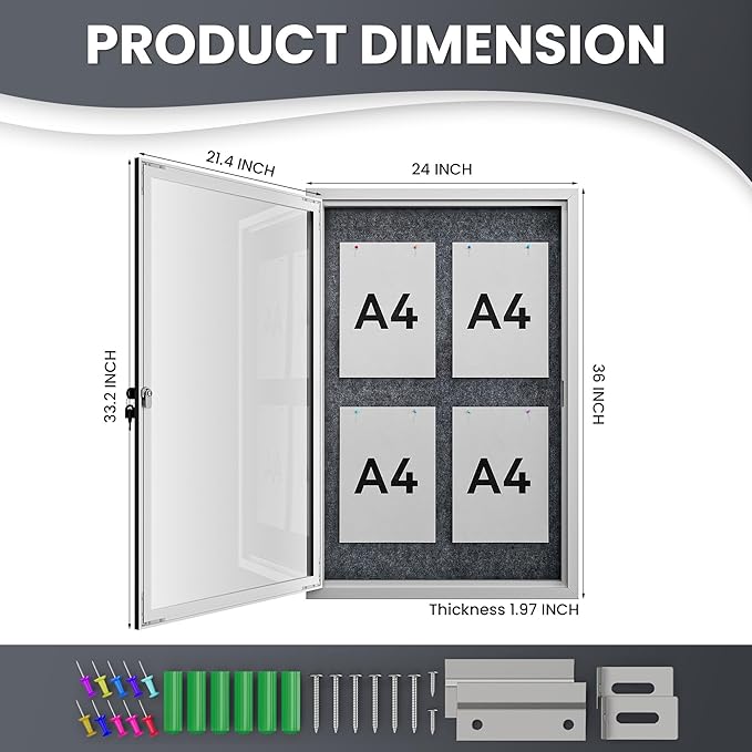 36"x24" Lockable Enclosed Bulletin Board, Outdoor Flet Weather-Resistant Aluminum Frame Notice Board, Wall Mounted Display Case Acrylic Doors for School,Office,Silver Frame w/Grey Flet