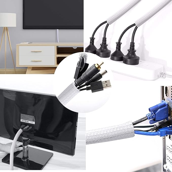 CrocSee 25ft - 3/4 inch Braided Cable Management Sleeve Cord Protector - Self-Wrapping Split Wire Loom for TV/Computer/Home Theater/Engine Bay - White