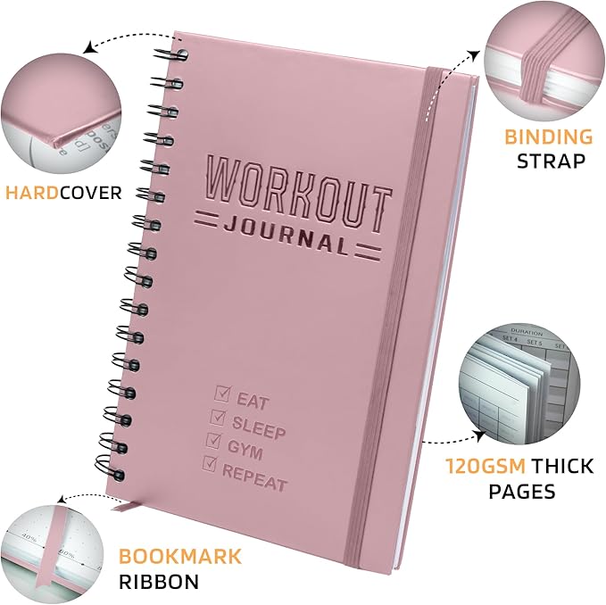 Nextnoid Hardcover Workout Planner Fitness Journal for Women & Men - A5 Sturdy Workout Log Book to Track Gym & Home Workouts - Pink