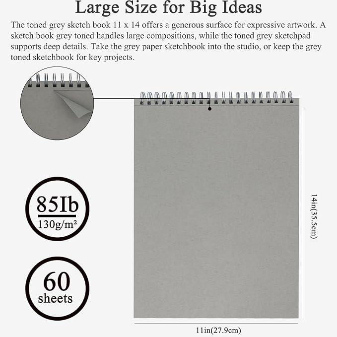 Fuxi Toned Gray Sketchbook 11x14, Large Drawing Pad, 60 Sheets (85lb/130gsm) Spiral Bound, Harcover Artist Sketchbook for Pencil, Charcoal for Artists & Students.