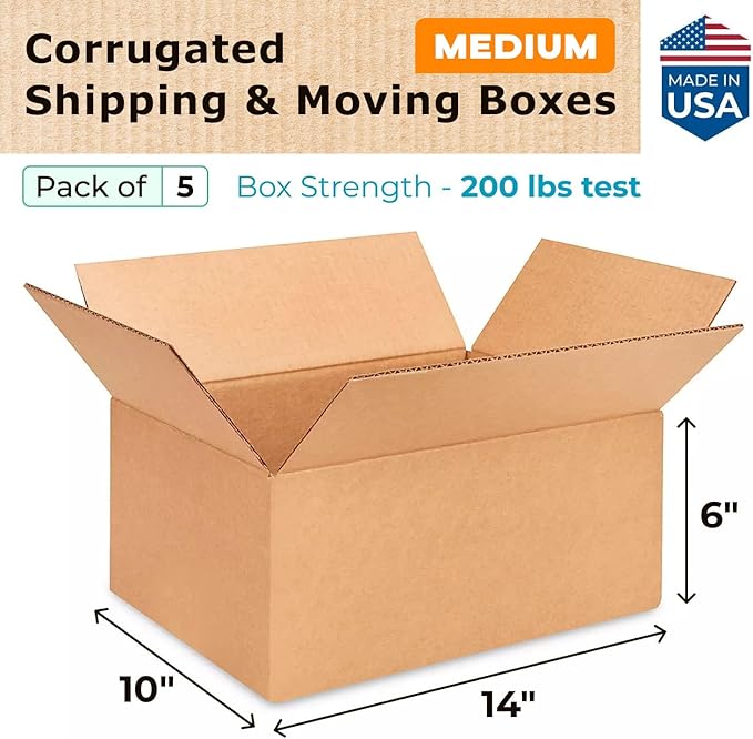 Medium Moving & Shipping Boxes 14 x 10 x 6 inches (5-Pack) - Extra Strength 200 lb vs Regular - Corrugated Strong Cardboard Boxes - Packing Box, Made in USA - Shipping Box by IDL Packaging