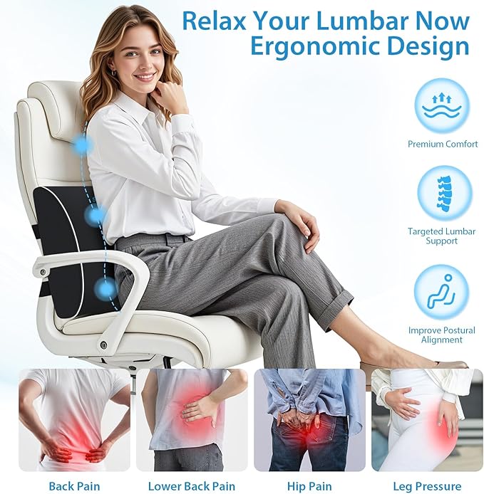 SweetSlubr Large Lumbar Support Pillow for Office Chair, Car Seats and Home Desks, Ergonomic Back Support with Double Adjustable Straps, Machine Washable Cover, Black