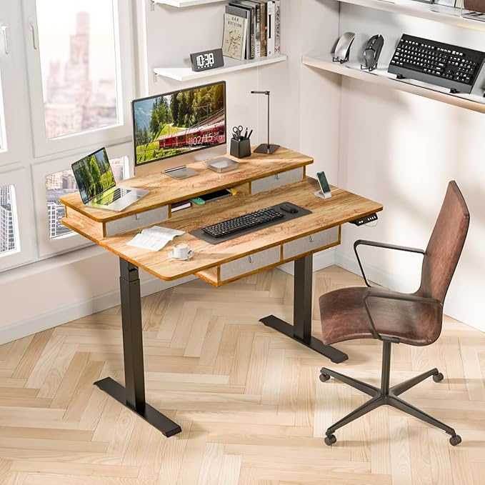 Kingant 48 x 30 Inch Electric Standing Desk with 4 Drawers, Adjustable Height Computer Desk for Home Office, Large Workstation Sit Stand Up Desk with Built-in USB A/C Ports, Light Rustic Brown