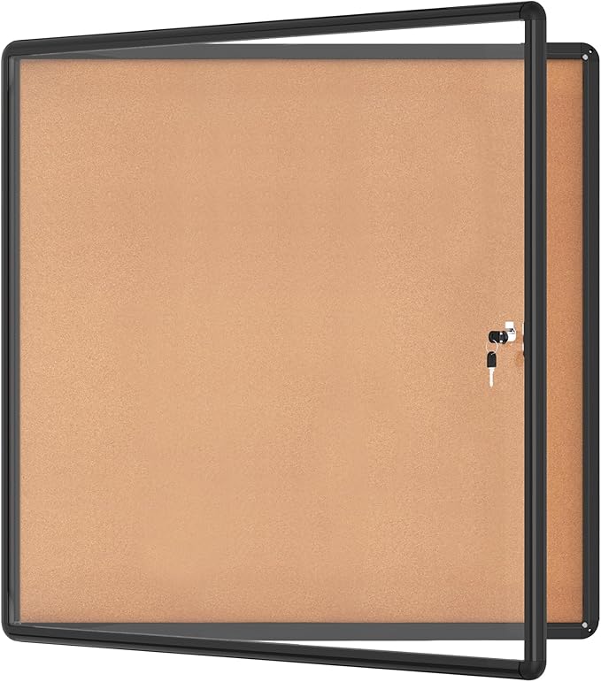 Mifuro 38"x38" Enclosed Bulletin Board, Lockable Weather-Resistant Aluminum Cork Noticeboard for School & Office, Black Frame w/Cork