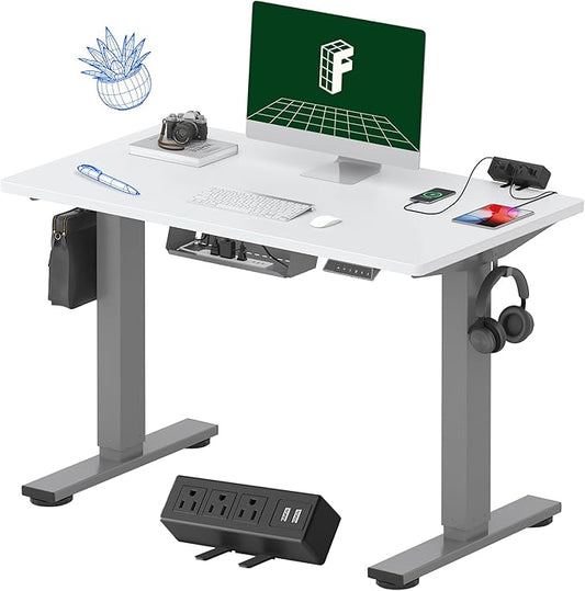 FLEXISPOT EN2 Whole-Piece Standing Desk with Clamp Power Strip, 40 x 24'' Electric Stand Up Height Adjustable Desk with Cable Management (Gray Frame + 40" White Top, 2 Packages)
