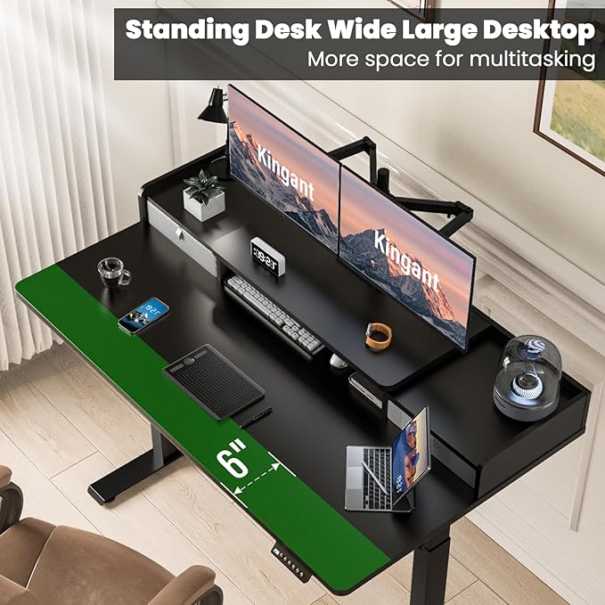 Kingant 63 x 30 Inch Electric Standing Desk with Dual Drawers, Adjustable Height Computer Desk for Home Office, Large Workstation Sit Stand Up Desk with Built-in Storage Shelf, Black
