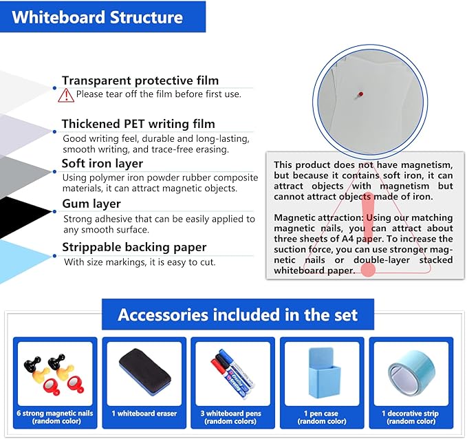 Magnetic Dry Erase Whiteboard Paper with Adhesive, 70" x 35" White Board Film for Wall, Easy to Write and Clean Dry Erase Board for Office, Classroom, Home, Include Marker, Magnetic Eraser and Magnets