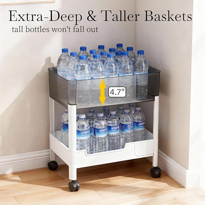 LiWNYRK 2 Tier Rolling Cart with Wheels for Under Desk Storage, Heavy Duty Plastic Short Small Utility Cart for Small Space Pantry Room Kitchen Laundry Bathroom, 4.7'' Deep Baskets for Tall Bottles