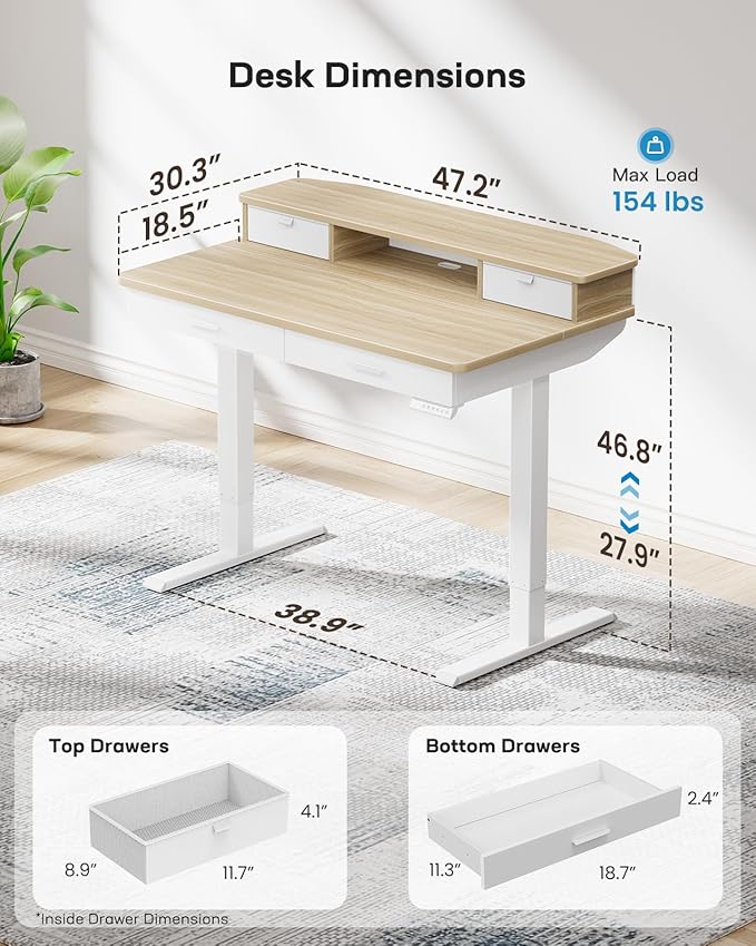 HUANUO 48 x 30 inch Electric Standing Desk with 4 Drawers, Adjustable Height Sit Stand Home Office Desk with Two Tiers, Ergonomic Adjustable Stand up Desk C-Clamp Monitor Mount Compatible, Natural