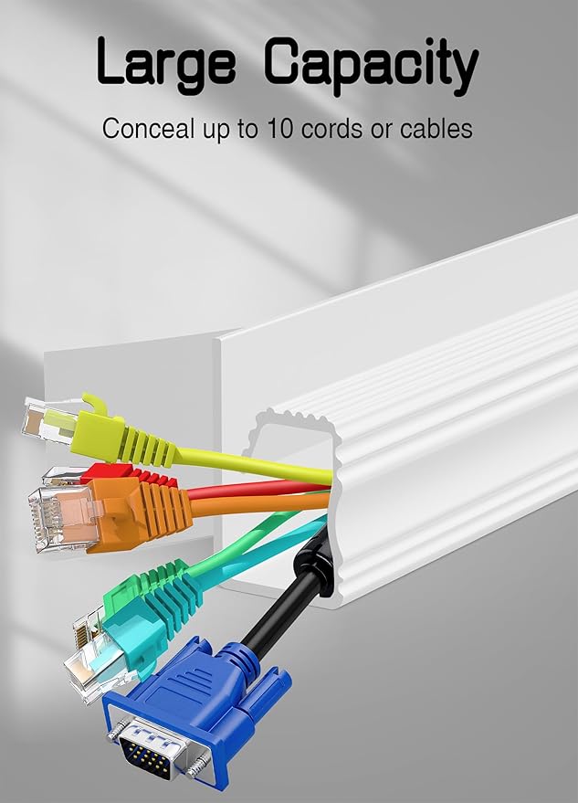 Under Desk Cable Management - Adhesive Cable Organizer for Home & Office, No-Drill Cord Management System, J Channel Cable Raceway for Desk, 6 Pack, White