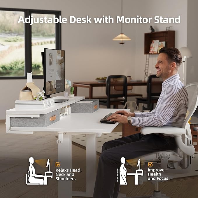 Claiks Electric Standing Desk with 2 Drawers, Adjustable Standing Desks with Storage, Height Adjustable Stand up Desk for Home Office with 2 Hooks,55 Inch White