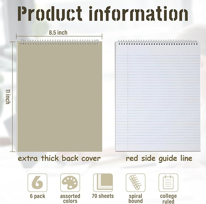 Maitys 6 Pcs Legal Pad Steno Spiral Notebook 8.5" x 11" Top Bound Spiral Pads Hard Cover College Ruled Notepad 70 Sheet Pad for School Office University Home(Stylish Color,Classic Style)