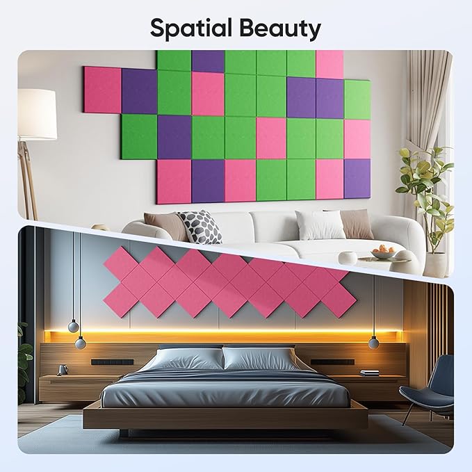 UNECHO 12 Pack 12" X 12" X 0.4" Acoustic Panels for Wall Sound Absorbing, Square Self-Adhesive Sound Panel, High Density Suitable for Multiple Scenarios(PeachPink)