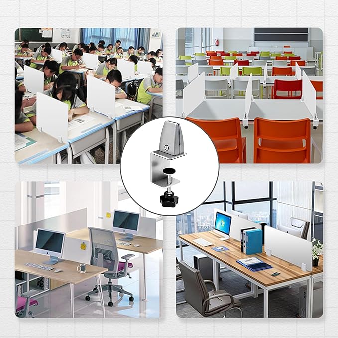 Heavy Duty Sneeze Guard Clamp For 0.1" to 1" Thick Panel,Desk Partition Support Clamps,Adjustable Aluminum Desktop Divider Holder,Easy to Install Desk Privacy Panel Clips, 4 Pack,Silver