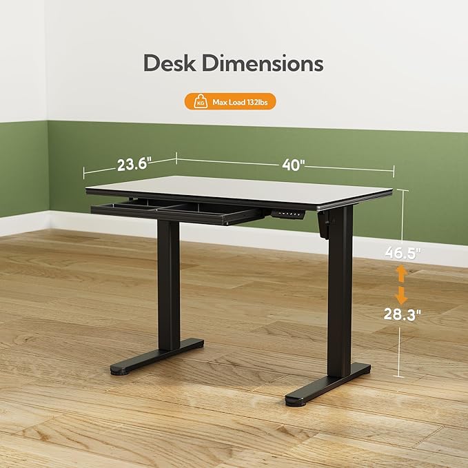 INNOVAR Glass Standing Desk with Drawers, 40 x 24 Inches Electric Height Adjustable Desk, Tempered Glass Top Stand Up Desks for Home and Office, Black