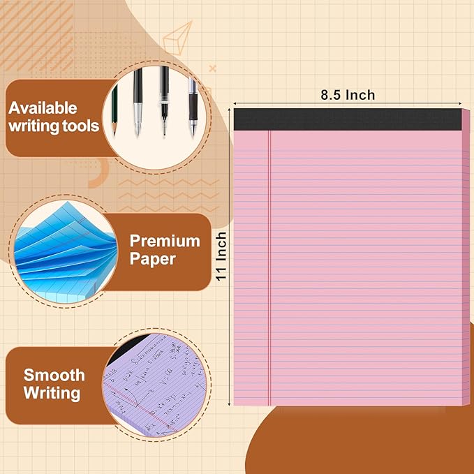 6 Pack Legal Pads 8.5 X11, College Ruled Notebook, 300 Sheets Colored Note Pad, Writing Pads 8.5x11, Tear Off Notepad, Lined Paper, Notebook Paper for Office Home School, 50 Sheet/Pad