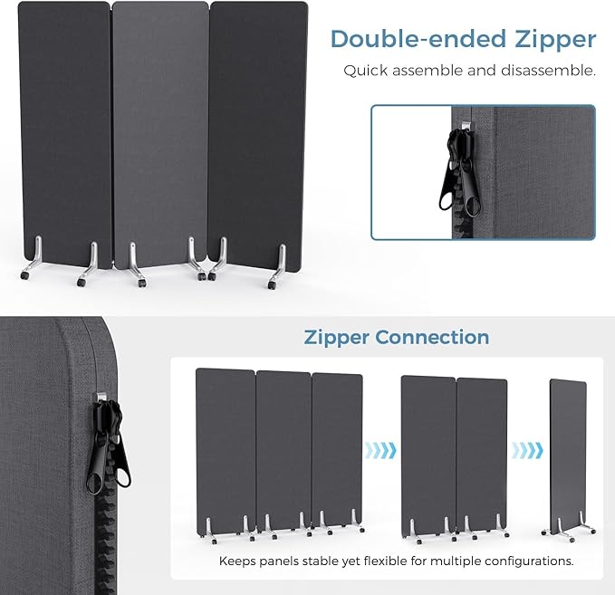 MORDEER 70.8" W x 63" H Freestanding Partition Room Dividers, Acoustic Panels with Wheels, 3 Soundproof Privacy Panels for Office, Reception Room, School, Hospital, Dark Grey