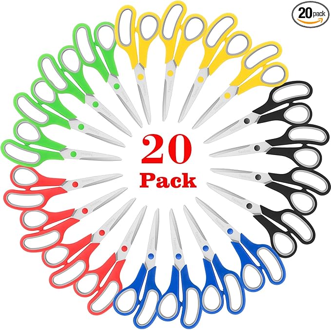Scissors Bulk 20-Pack, Taotree 8" All Purpose Scissors, Soft Comfort-Grip Stainless Steel Sharp Shears for School Supplies Office Desk Home, Classroom Teacher Sewing Fabric Craft, Right/Left Handed