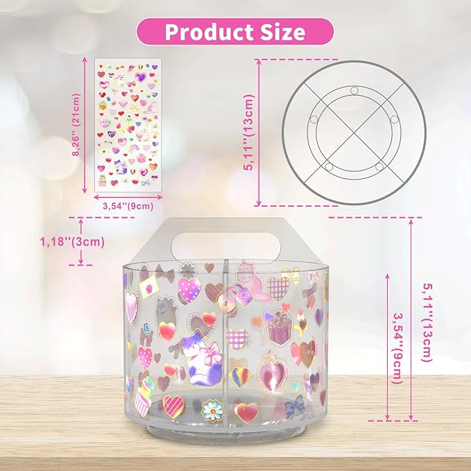 Wawocs Acrylic Pencil Organizer for Desk 4 Compartments with Adhesive DIY Sticker, Rotating Art Supply Organizer with Kawaii Sticker Kids, Spinning Round Marker Small Supply Caddy