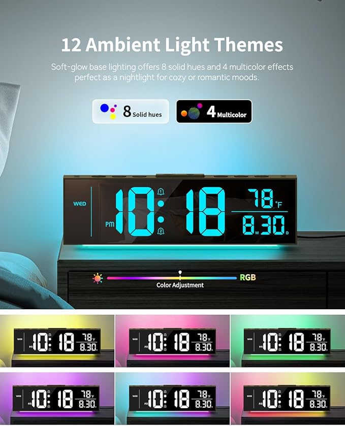 Digital Clock, Alarm Clock for Bedroom, Digital Wall Clocks for Classroom, Living Room Decor, Desk Clock Large Display, 13 Number Display Colors, 12 Ambient Light Colors, Auto Dimming, DST (Black)