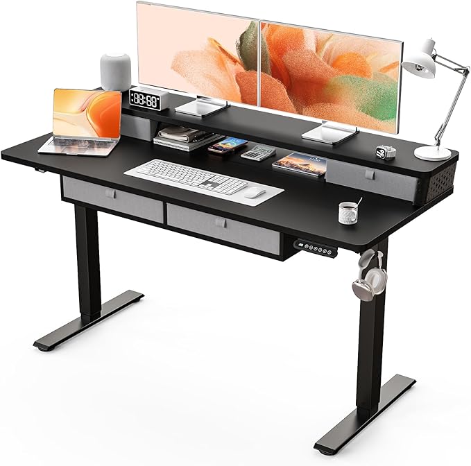 Kingant 55 x 24 Inch Electric Standing Desk with 4 Drawers, Height Adjustable Sit to Stand Computer Desk with Storage Shelf and C-Clamp Mount Compatibility for Home Office, Black