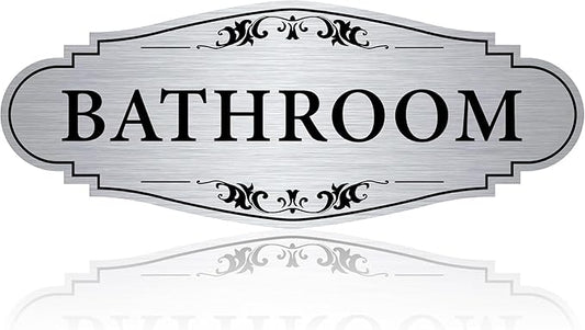 Bathroom Sign Sticker for Business and Home，Self-adhesive Brushed Silver Cute Bathroom Decor for Door，Waterproof Vinyl Restroom Sign for Home，Office，Shop（Silver）