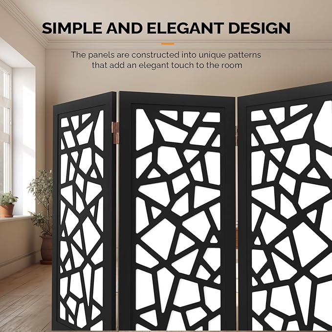 VINGLI 70'' H Room Divider, Non-Woven Fabric Privacy Screen, Indoor Partition Wall Dividers, Freestanding Hinged Space Separator with Modern Unique Pattern (Black, 6 Panel)