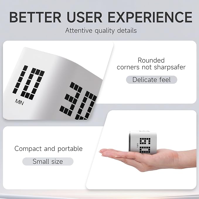 Rotating Productivity Timer 5, 10, 30, 60 Minutes Preset, Desk Cube w/Gravity Sensor for ADHD, Mute Functions, Ideal for Work, Study, Kitchen, Back to School (White)