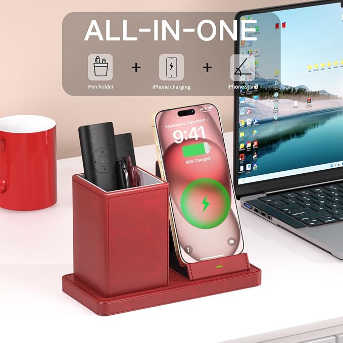 LADSTAG Desk Organizer with Phone Holder,Red Multi-Functional Pencil Holder for Desk, Desk Organizers and Accessories for Office Art Supplies,Desk Phone Stand Charger for Desktop/Counter