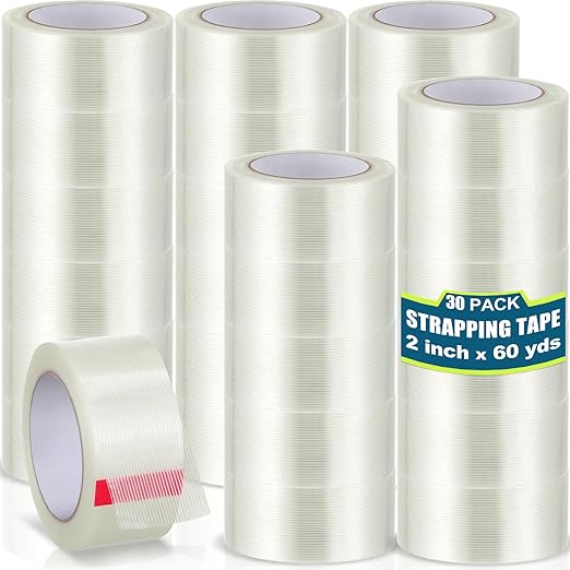 Treela 30 Rolls Strapping Tape 2 Inch X 60 Yards 5.5 Mil Fiberglass Filament Tape Transparent Reinforced Heavy Duty Packing Strips for Shipping Sealing Binding Fixing