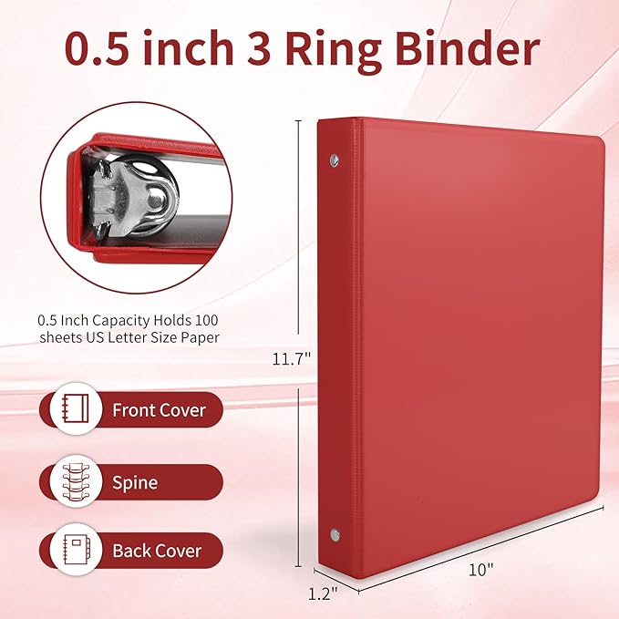 SUQJOY 0.5-inch 3 Ring Binder with 2 Inside Pockets, 0.5'' Basic Binders Holds US Letter Size 8.5'' x 11'' Paper - Versatile Binders for Office, School and Home Use (Pack of 12, Assorted Color)