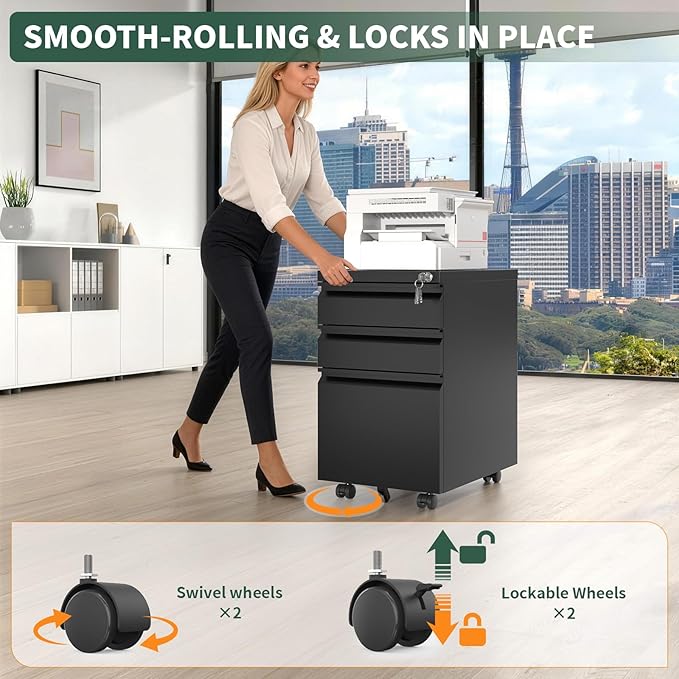 TEEALUBAN 3 Drawer File Cabinet with Lock,Under Desk Rolling Small Filing Cabinet for Home Office Storage,Mobile Steel Cabinets with Wheels,Fully Assembled,Black