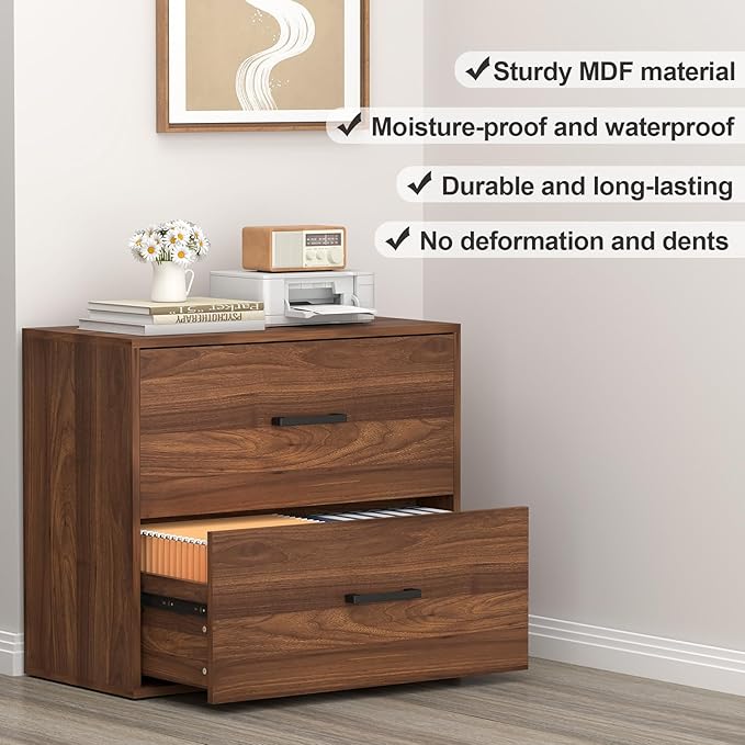 FATIGOS 2 Drawer File Cabinet, Wood Lateral Filing Cabinets, Wide Office File Cabinet with Drawer for Hanging Files/Letter Size Printer Stand for Home Office School, Assembly Required, Walnut
