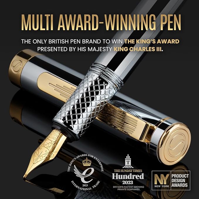 Scriveiner Luxury EDC Fountain Pen (Medium), Stunning Silver Chrome Luxury Pen, Real Gold Plating, Schmidt German Nib, Converter, Writing Gift Set for Men & Women, Nice Fancy Office Designer Pen