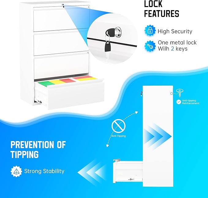 Greenvelly 4 Drawer File Cabinet, Metal Filing Cabinet with Lock, White Lateral File Cabinet for Home Office, Locking File Cabinet for Letter/Legal/F4/A4 Size Hanging Files, Easy Assembly