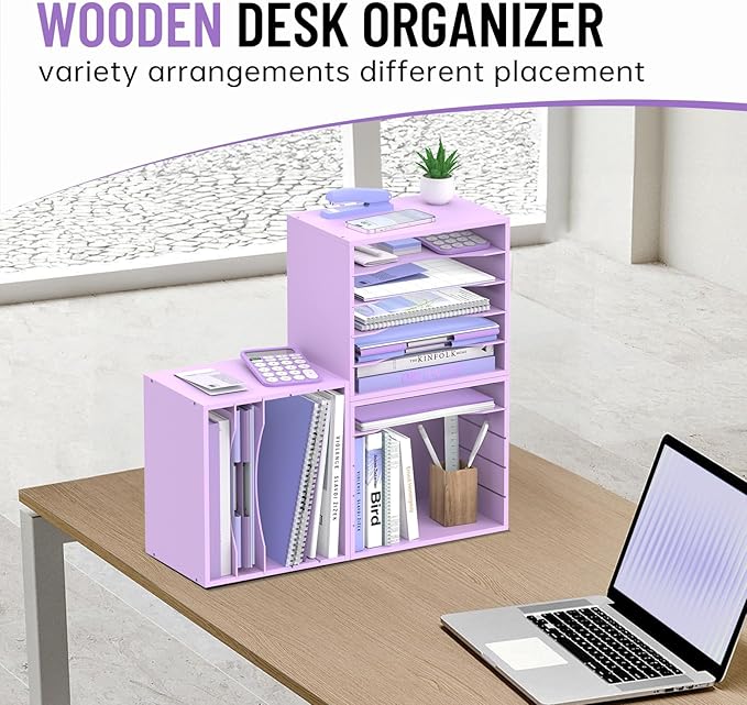 SHARKWOODS 5-Tier Wood Desk Organizer, Paper Tray Organizer for Desk with Adjustable Storage Shelves, Desktop File Organization Paper Sorter Mail Holder for Office Home Classroom, Purple