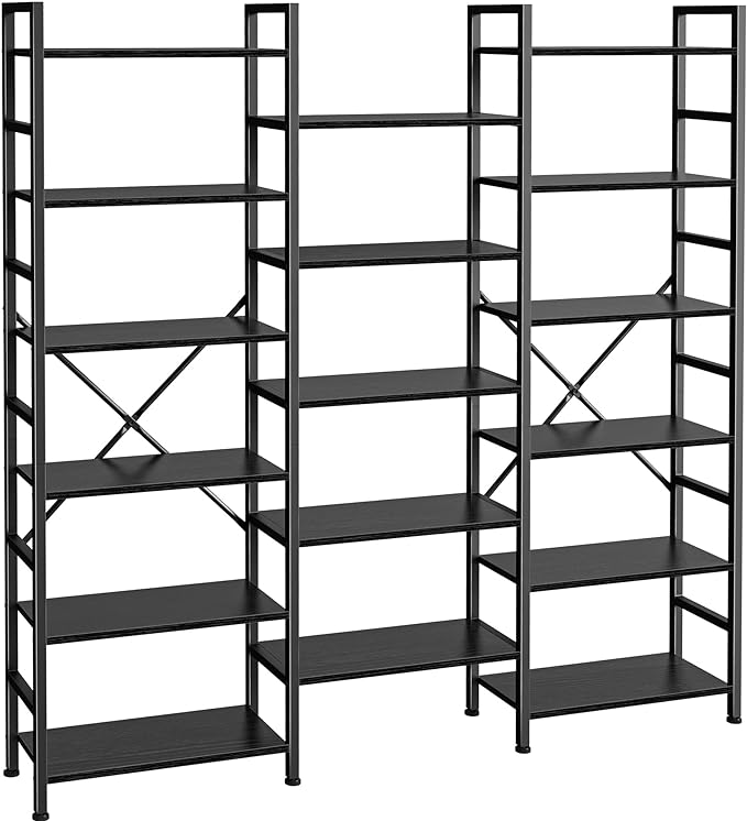 SUPERJARE Triple 6 Tier Bookshelf, Bookcase with 17 Open Display Shelves, Wide Book Shelf Book Case for Home & Office, Black