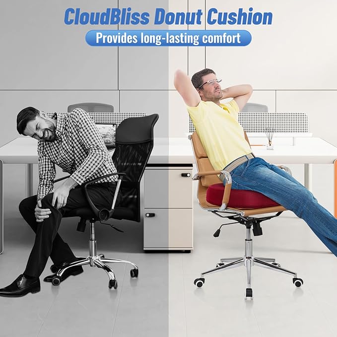 CloudBliss Donut Pillow Seat Cushion Chair Pad for Tailbone Pain Relief and Hemorrhoids, Memory Foam Seat Chair Cushion for Men and Women for Home & Office, (Red-2XL)