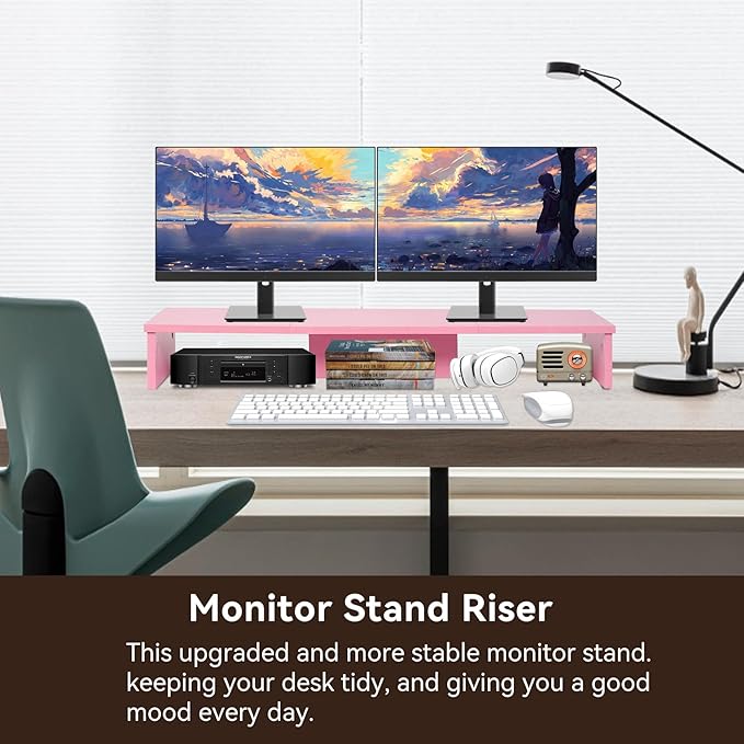 Qupui Dual Monitor Stand Riser, Large Computer Monitor Stand for Desk, Monitor Riser for 2 Monitors, Wood Desk Shelf for Top of Desk, Desktop Organizer for Computer, Laptop, Printer, TV, Pink