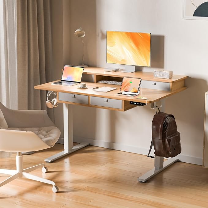 ExaDesk 48 * 30 Inches Electric Standing Widened Desk Adjustable Height with 4 Drawers, Double Storage Shelves, Home Office Workstation Sit Stand up Desk (Nature)