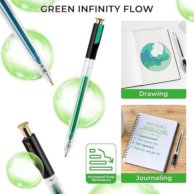 ZSCM Retractable Glitter Gel Pens, 12 Colors Large Capacity Green Glitter Metallic Gel Ink Pen, 1 mm Fine Point Smooth Writing Color Pens for Adult Coloring Book Note Taking Aesthetic Art Supplies