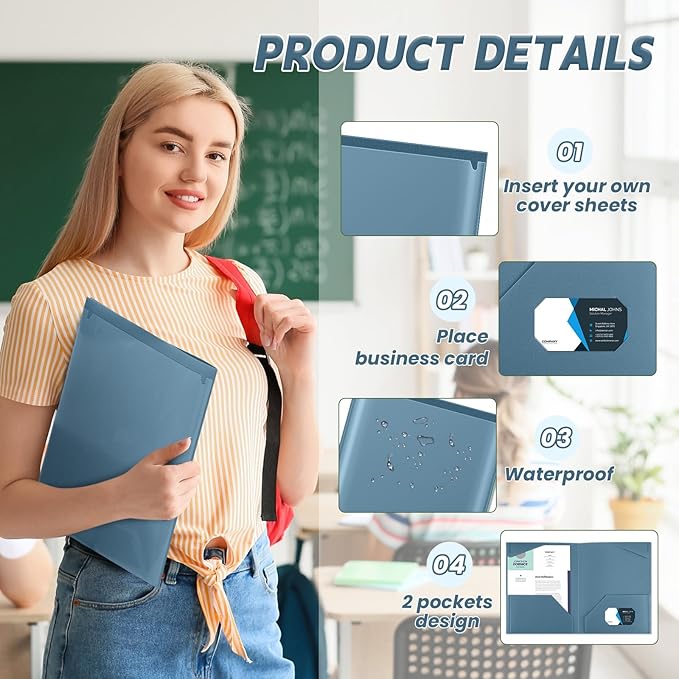 Henoyso 36 Pcs Plastic Folders with Clear Front Pockets Heavy Duty File Folders with 2 Pockets and Card Slot for Student Communication School Office Presentation Report (Blue Gray)