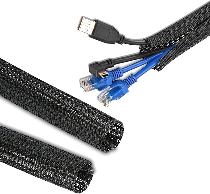 QCSIW 3/4" 25ft Expandable Braided Cable Sleeve Split Wire Loom Tubing – Pet-Proof Cord Protector for USB, Power Cords, Audio/Video Cables – Durable Wire Management Sleeving Black