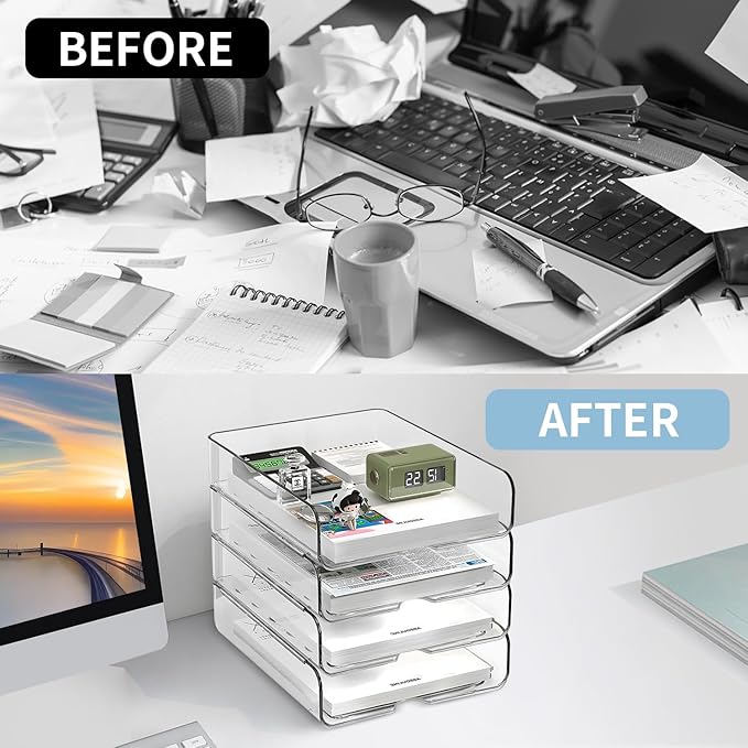 OUTIOE 4-Tier Paper Organizer for Desk, Stackable Desk Organizer Paper Tray, Ideal for Office Supplies, A4 Storage (Clear, 4-Tier)