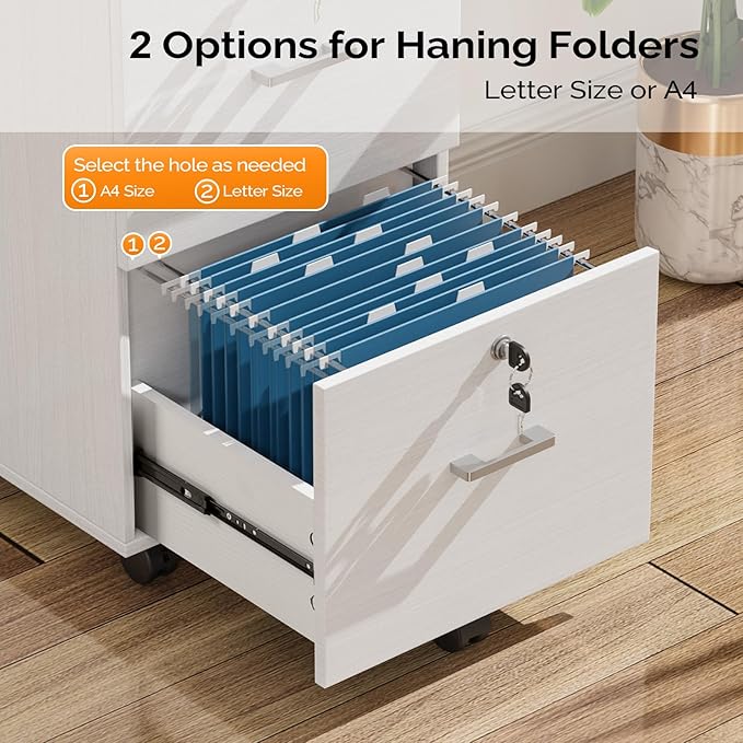 VINGLI 2 Drawer File Cabinet with Lock, Wood Grain White File Cabinets for Letter Size File Folders with Tabs, Mobile Under Desk Filing Cabinets for Home Office, Rolling Filing Cabinet Printer Stand