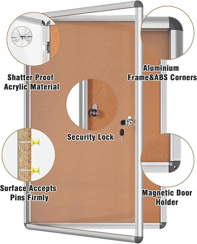 Mifuro 36"x24" Enclosed Bulletin Board, Lockable Weather-Resistant Aluminum Cork Noticeboard for School & Office, Silver Frame w/Cork