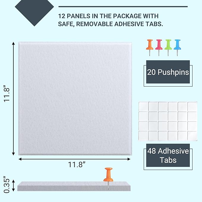 AKTOP White Cork Bulletin Board 47"x35", 12 Pack Removable Felt Cork Board Tiles for Wall, Large 48 x 36 Bulletin Board Notice Pin Board for Office, School & Home, 48 Safe Adhesive Tabs, 20 Push Pins