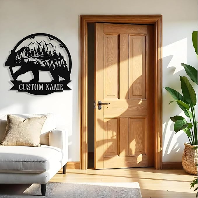 Custom Bear Metal Sign, Custom Bear Metal Wall Art Decor, Personalized Last Name Signs for Home, Rustic Farmhouse Black Wall Decor for Cabin, Bedroom, Living Room, Porch