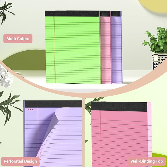 Roneky Legal Pads 8.5 x 11 Colored Notepad, 12 Pack Wide Ruled Lined Paper, Micro Perforated Writing Pads, 30 Sheet/Note Pads, Pink Legal Pad 8.5 x 11 Notebook Paper Tablet for School