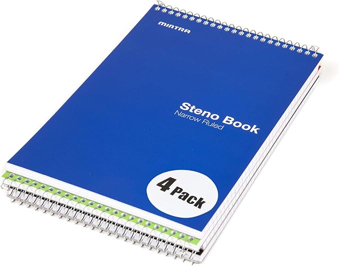 Mintra Office Steno Books - (Primary Colors, 4 Pads/Pack, Narrow Ruled), 6inx9in, 70 Sheets, Notebook for writing notes in school, university, college, work, office